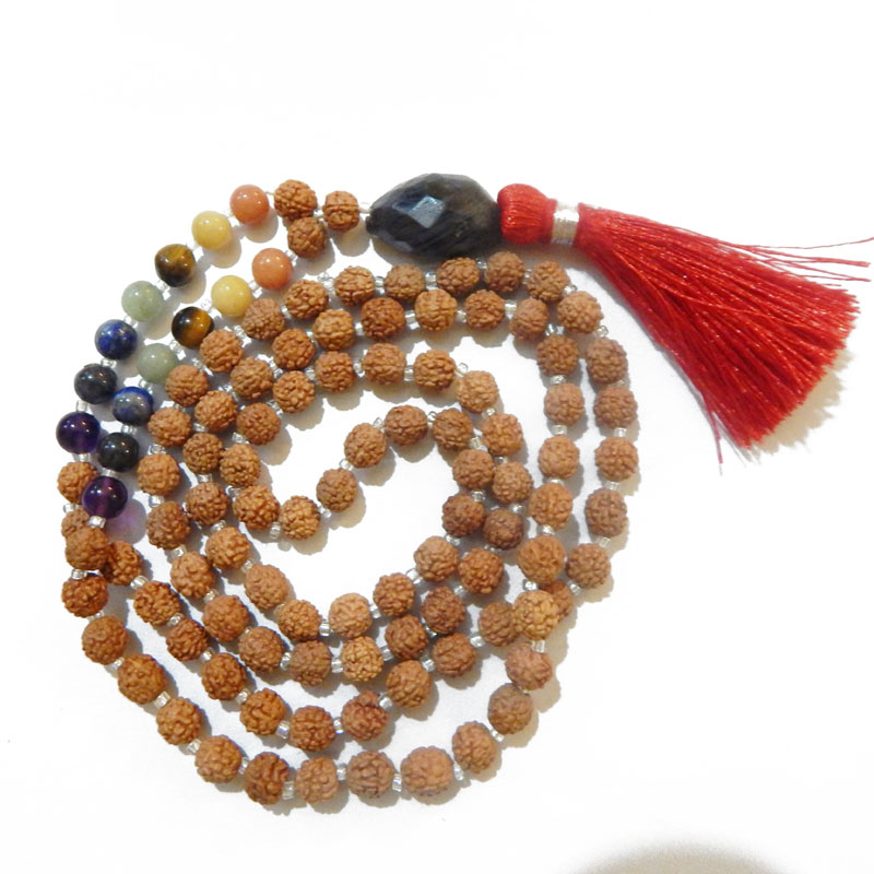 7 Chakra Rudraksha Mala with Amethyst Dark Faceted Tumble Pendant & 7 Chakra Gemstone Beads