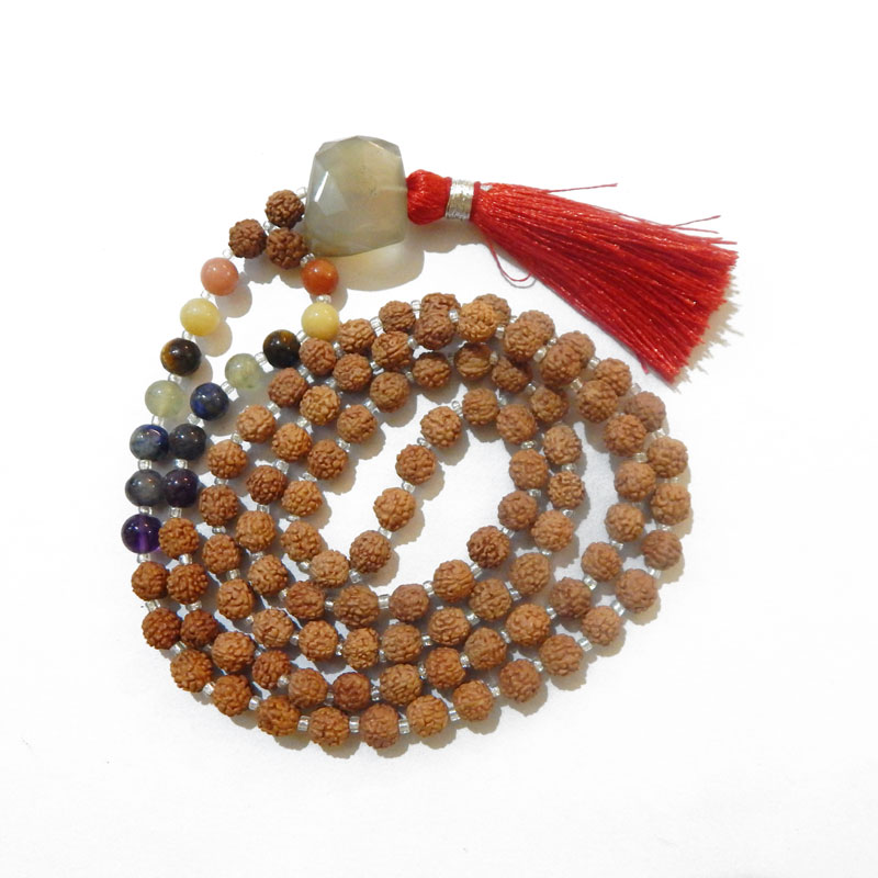 7 Chakra Rudraksha Mala with Grey Moonstone Faceted Tumble Pendant & 7 Chakra Gemstone Beads