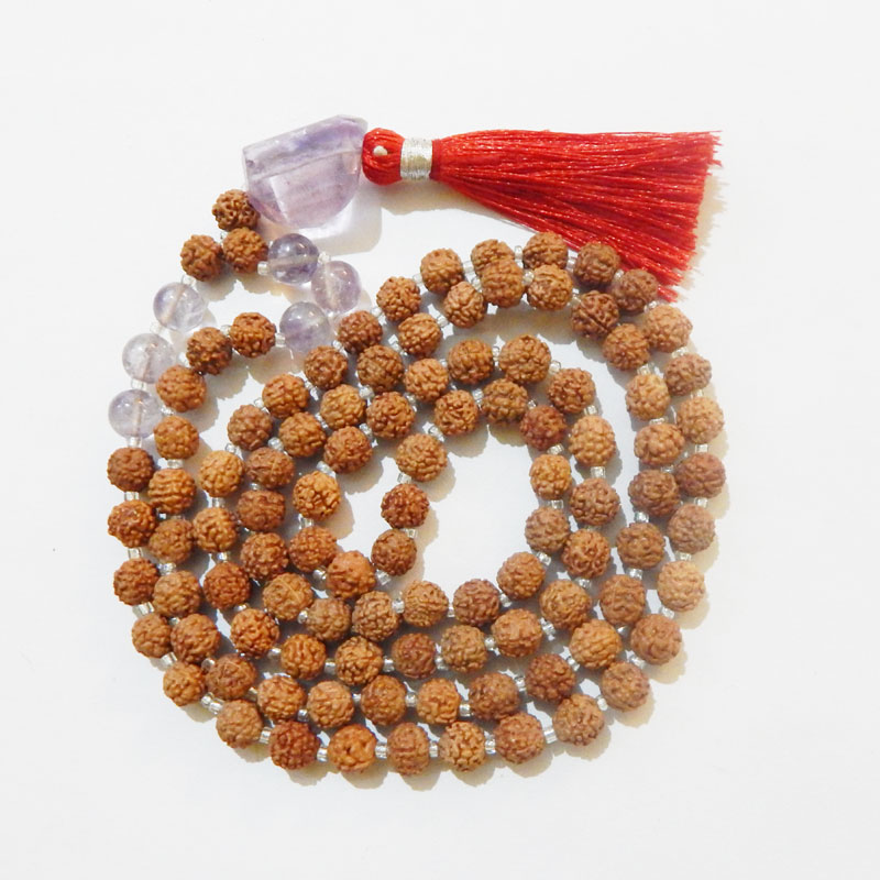 Rudraksha Mala with Amethyst Light Faceted Tumble Pendant & Amethyst Light Beads