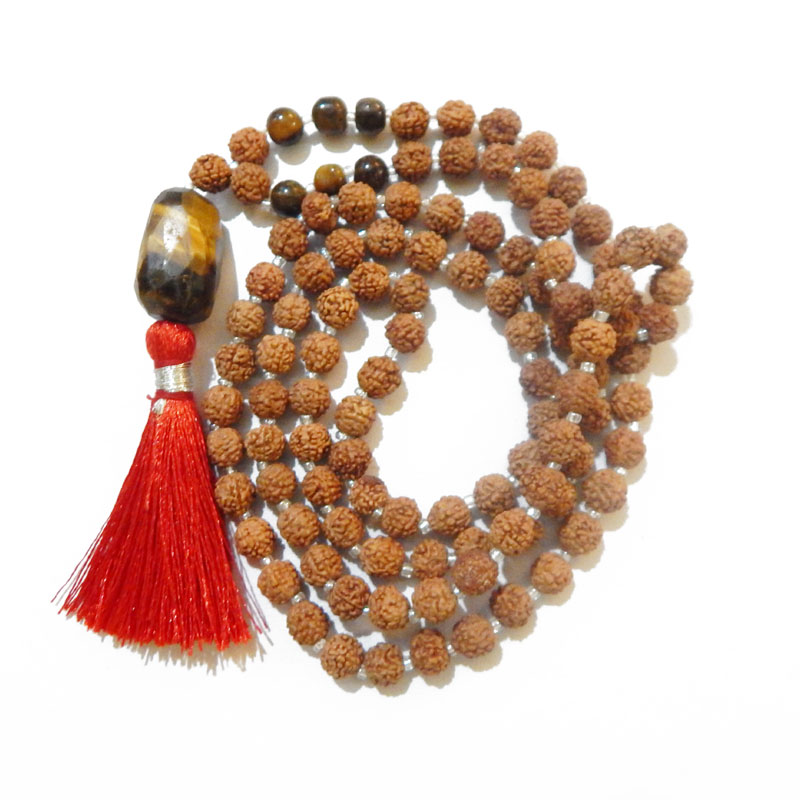 Rudraksha Mala with Tiger Eye Faceted Tumble Pendant & Tiger Eye Beads
