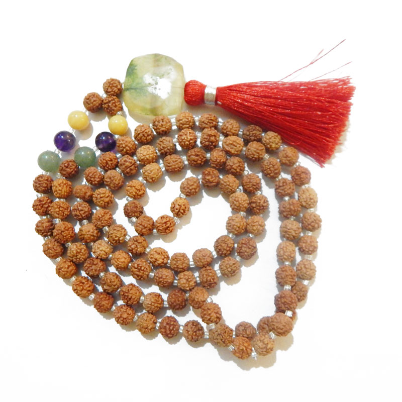 Rudraksha Mala with Green Onyx Faceted Tumble Pendant & Onyx Gemstone Beads