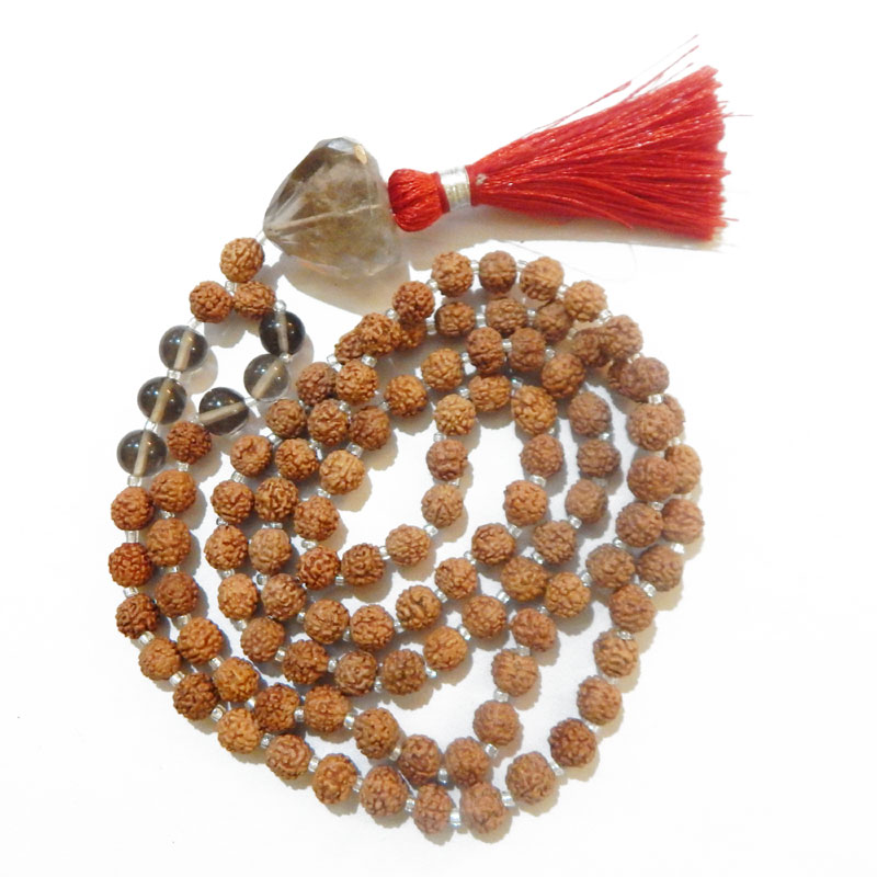 Rudraksha Mala with Smoky Quartz Faceted Tumble Pendant & Smoky Quartz Gemstone Beads