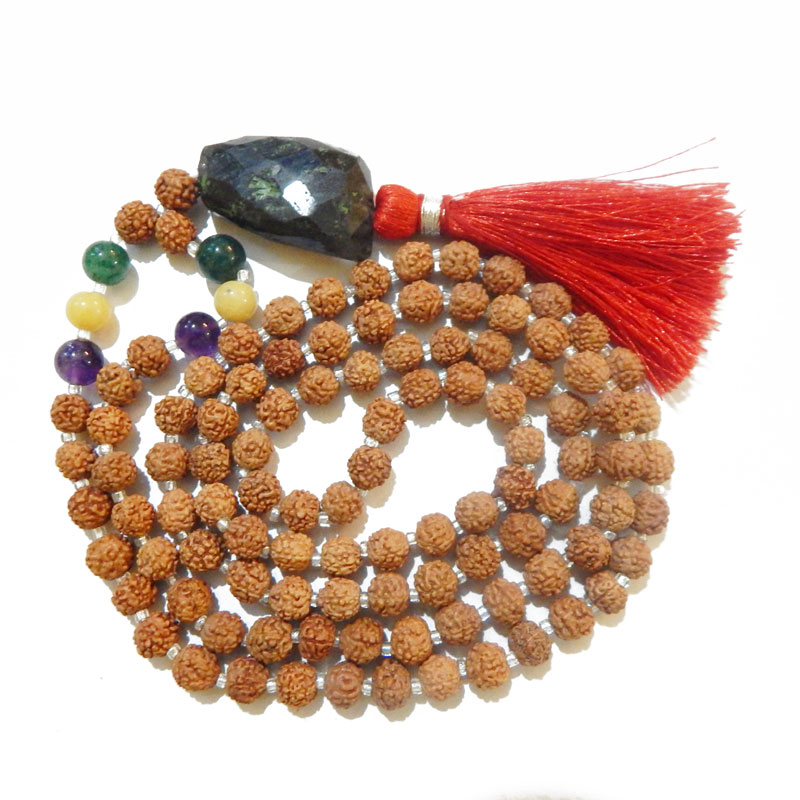 Rudraksha Mala with Lapis Lazuli Faceted Tumble Pendant & Onyx Gemstone Beads