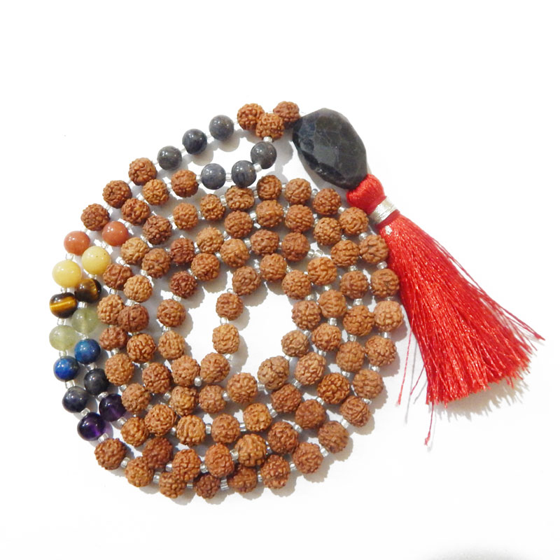 7 Chakra Rudraksha Mala with Sodalite Faceted Tumble Pendant & Sodalite and 7 Chakra Gemstone Beads