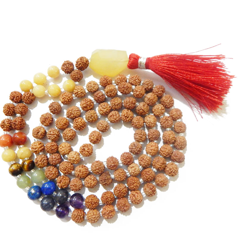 7 Chakra Rudraksha Mala with Yellow Aventurine Faceted Tumble Pendant & Yellow Aventurine and 7 Chakra Gemstone Beads