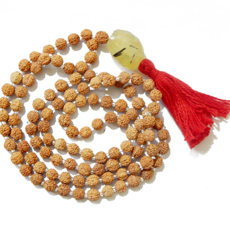 Rudraksha Mala with Lemon Quartz Faceted Tumble Pendant