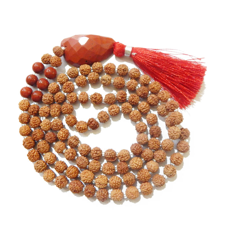 Rudraksha Mala with Red Jasper Faceted Tumble Pendant & Red Jasper Gemstone Beads