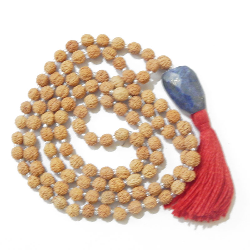 Rudraksha Mala with Lapis Lazuli Faceted Tumble Pendant