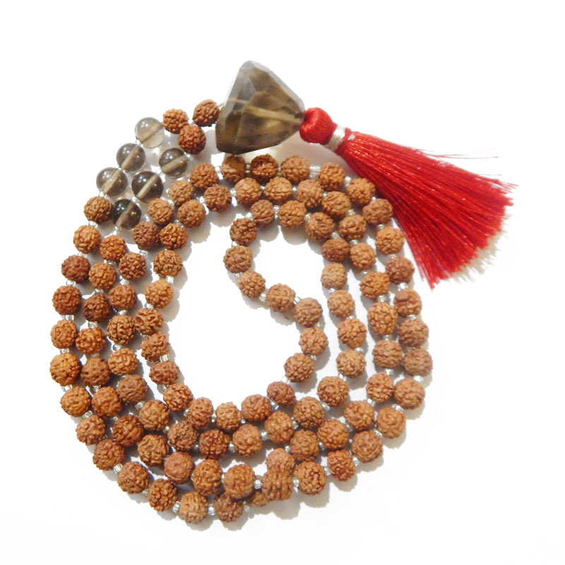 Rudraksha Mala with Smoky Quartz Faceted Tumble Pendant & Smoky Quartz Gemstone Beads