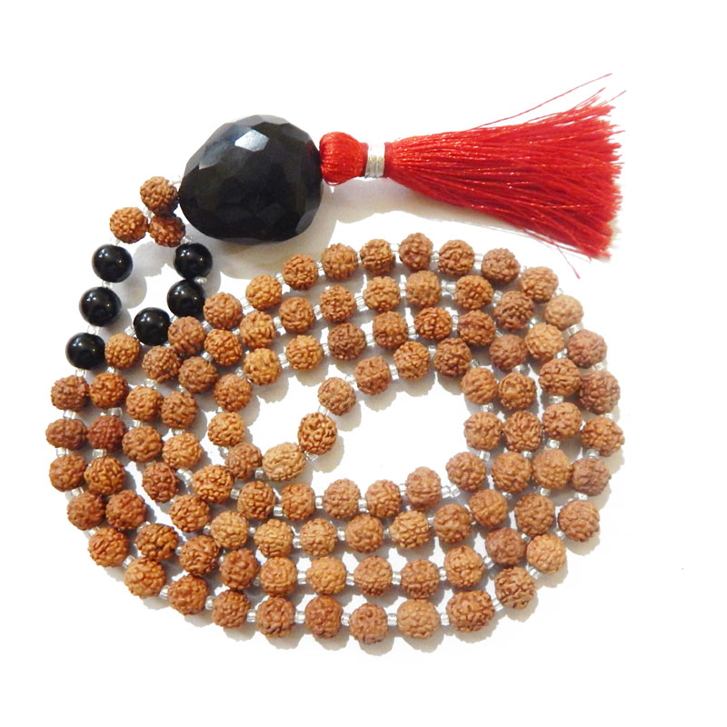 Rudraksha Mala with Black Tourmaline Faceted Tumble Pendant & Black Tourmaline Gemstone Beads