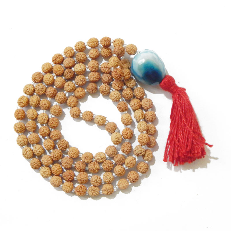 Rudraksha Mala with Blue Onyx Faceted Tumble Pendant