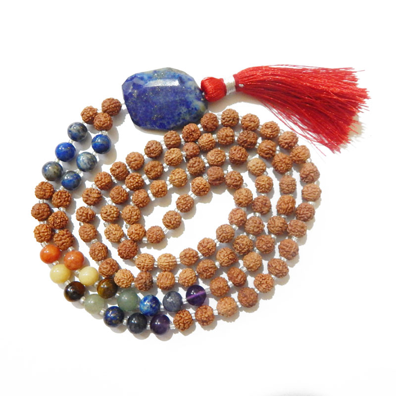 7 Chakra Rudraksha Mala with Lapis Lazuli Faceted Tumble Pendant & Lapis Lazuli and 7 Chakra Gemstone Beads