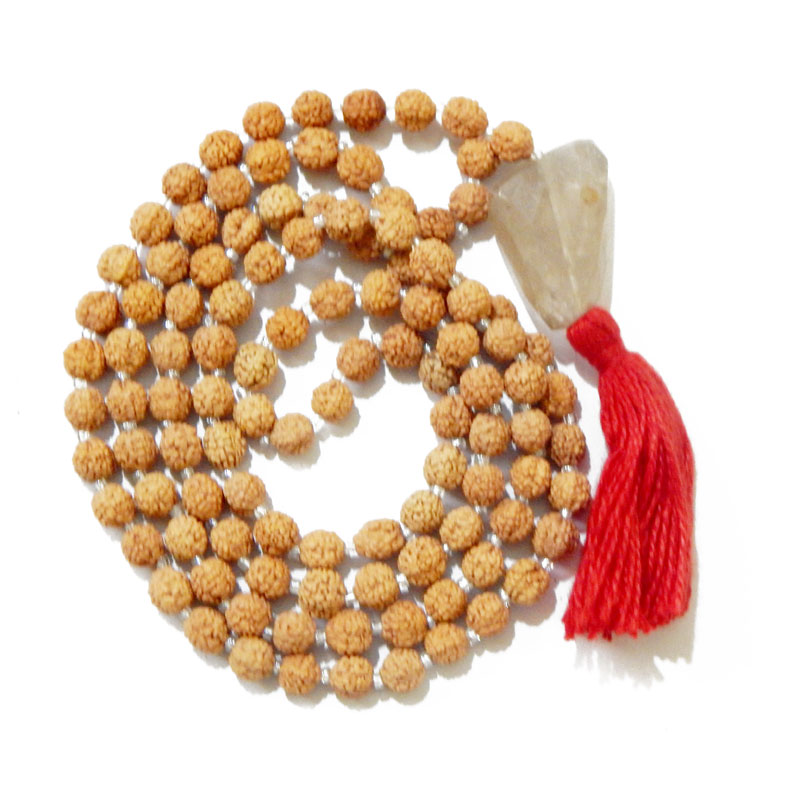 Rudraksha Mala with Smoky Quartz Faceted Tumble Pendant