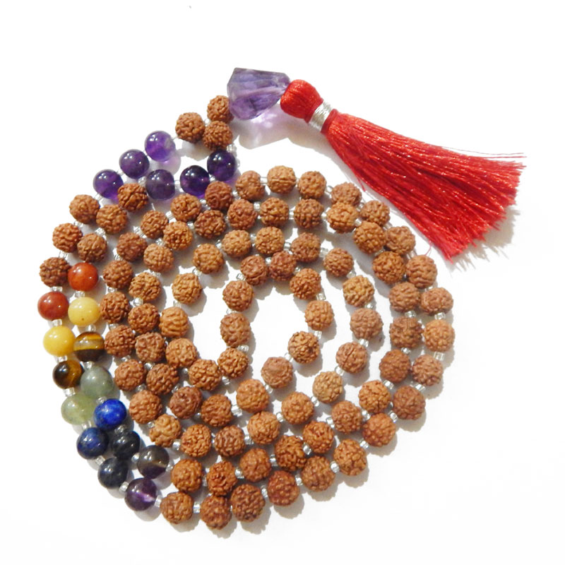 7 Chakra Rudraksha Mala with Amethyst Faceted Tumble Pendant & Amethyst and 7 Chakra Gemstone Beads