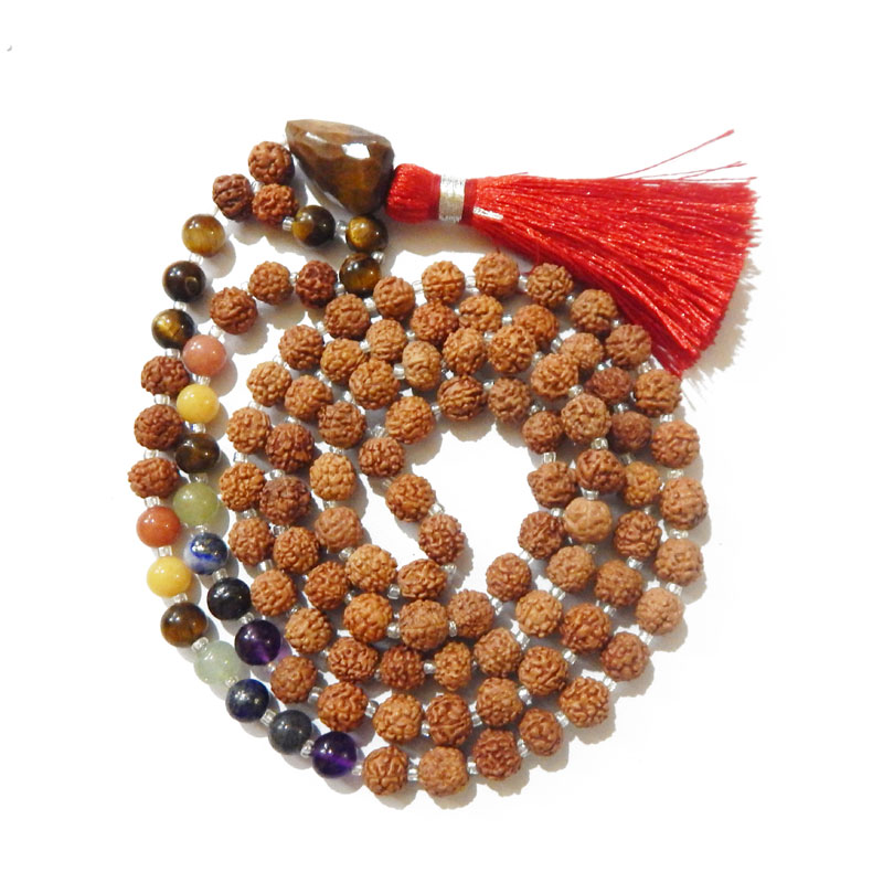 7 Chakra Rudraksha Mala with Tiger Eye Faceted Tumble Pendant & Tiger Eye and 7 Chakra Gemstone Beads